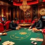Action-packed scene of professionals playing poker at https://www.roo99.net/ casino tables surrounded by vibrant slot machines.