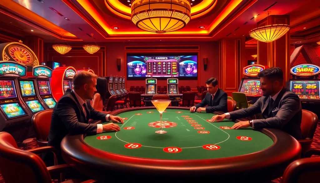 Exciting gameplay at 32win trang chủ casino table with poker players and vibrant slot machines.