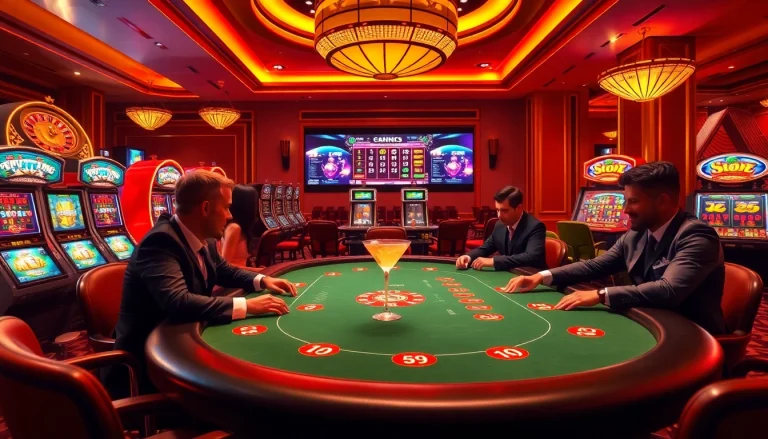 Exciting gameplay at 32win trang chủ casino table with poker players and vibrant slot machines.
