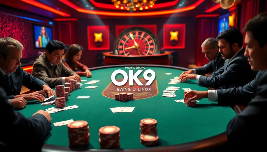 Intense players at a poker table betting with excitement at OK9 BÓNG ĐÁ casino.