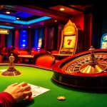 Intense poker action at a luxurious casino featuring C168 poker chips and vibrant roulette.