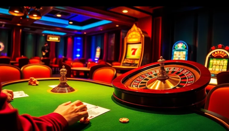 Intense poker action at a luxurious casino featuring C168 poker chips and vibrant roulette.