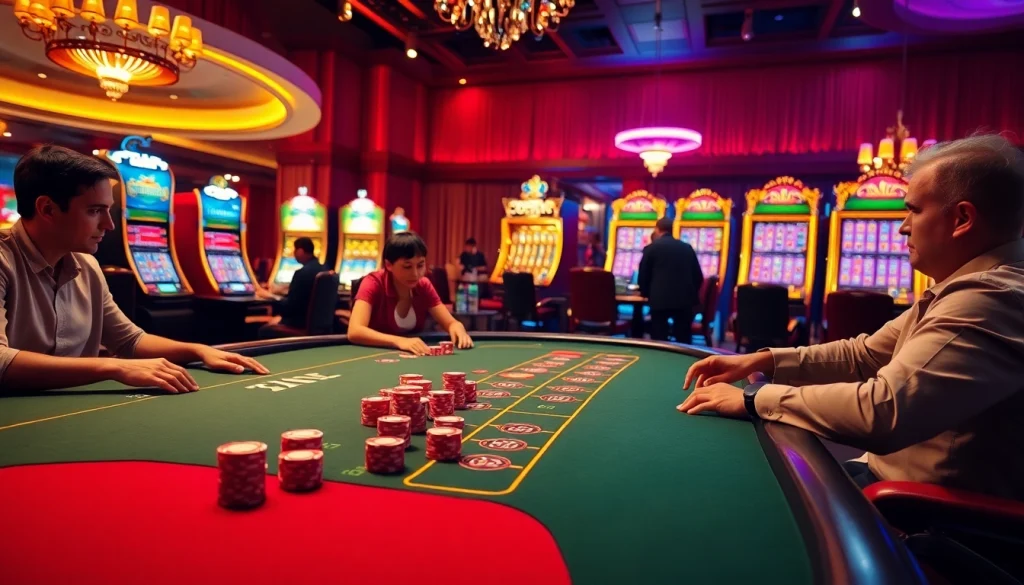 Players enjoying a thrilling game of poker at KuWin casino, with vibrant lights and rich decor.