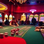 Players enjoying a thrilling game of poker at KuWin casino, with vibrant lights and rich decor.
