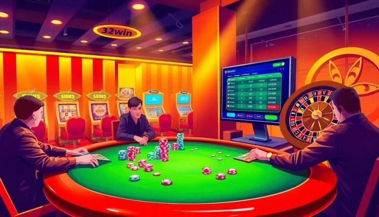 Players enjoying a thrilling poker game at 32win's luxurious casino table.