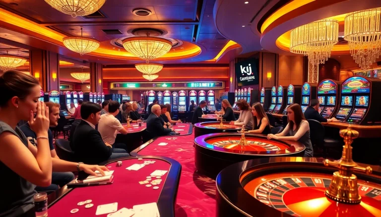 KJC casino gaming area with vibrant tables, excited players, and luxurious ambiance for gamblers.