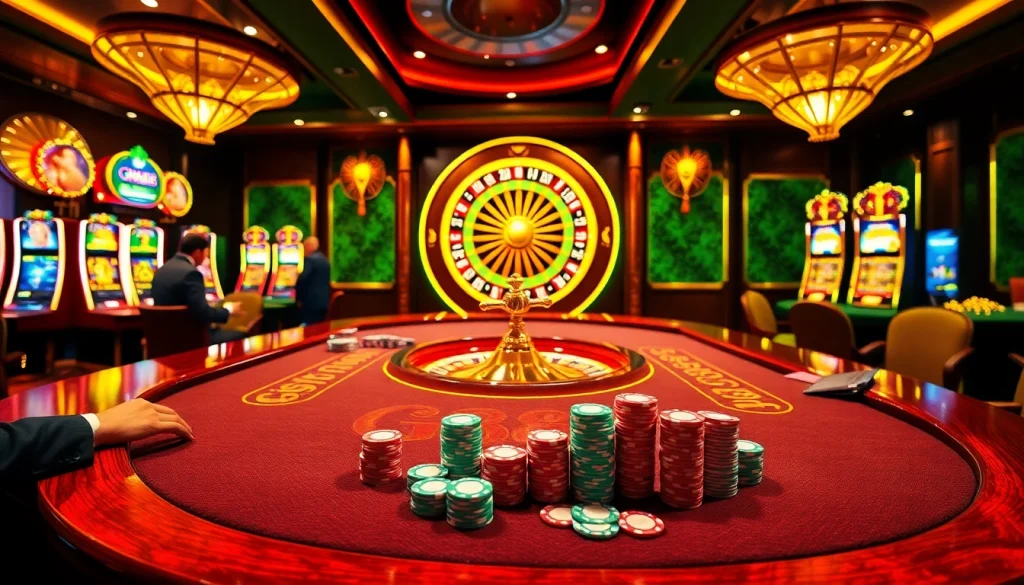 Participate in an exciting GG88 casino gaming experience with a roulette wheel and vibrant slot machines.