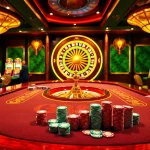 Participate in an exciting GG88 casino gaming experience with a roulette wheel and vibrant slot machines.