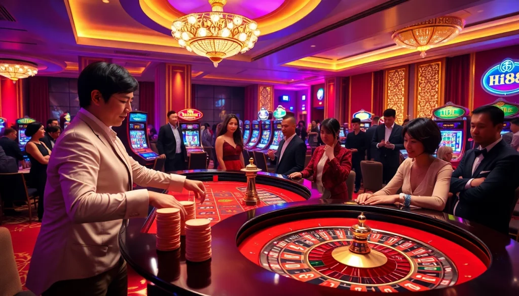 Players enjoying an exciting game of roulette at Hi88 casino, showcasing luxury and thrill.