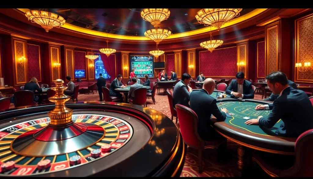 Players strategizing at Nhà cái 32Win casino table with vibrant chips and cards.