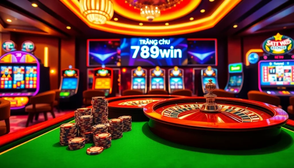 Engage in thrilling gaming at trang chu 789win with vibrant poker chips and roulette wheels.