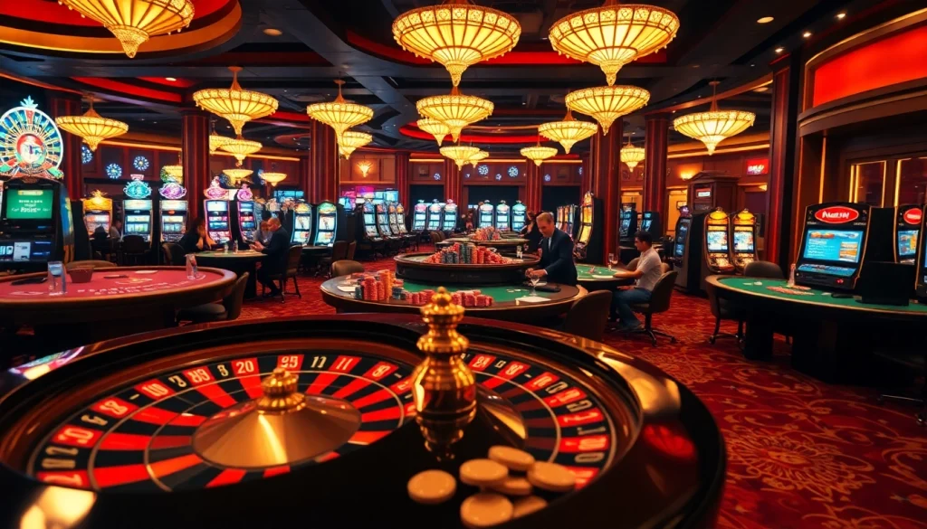 kkwin casino scene with roulette and vibrant slot machines, capturing the thrill of gambling.