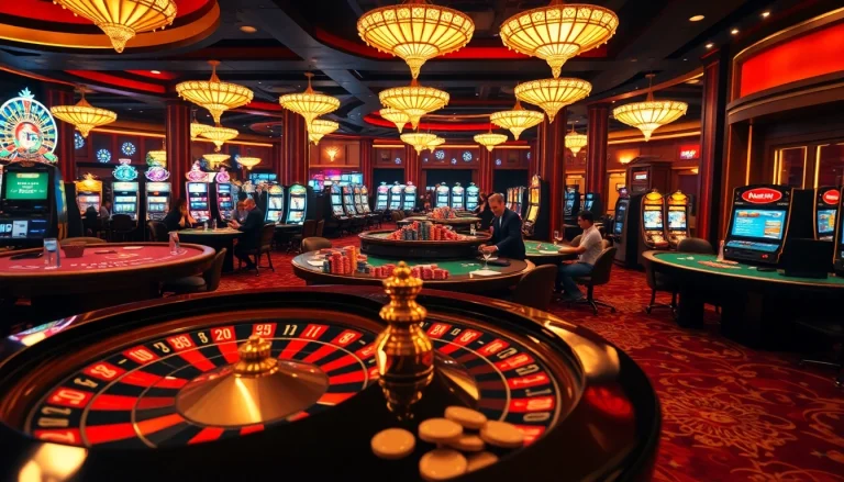 kkwin casino scene with roulette and vibrant slot machines, capturing the thrill of gambling.