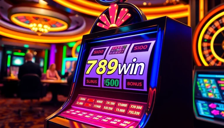 Players enjoying a thrilling gaming experience on the luxurious 789win slot machine at a vibrant casino scene.