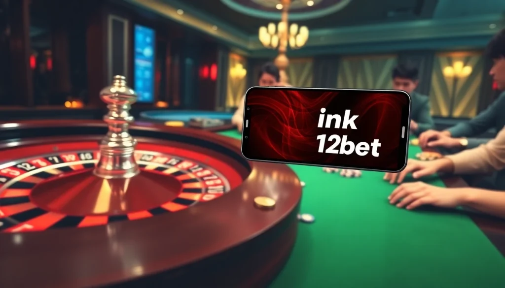 Gamblers experiencing excitement at a casino with the phrase "ink vao 12bet" on a mobile device screen.