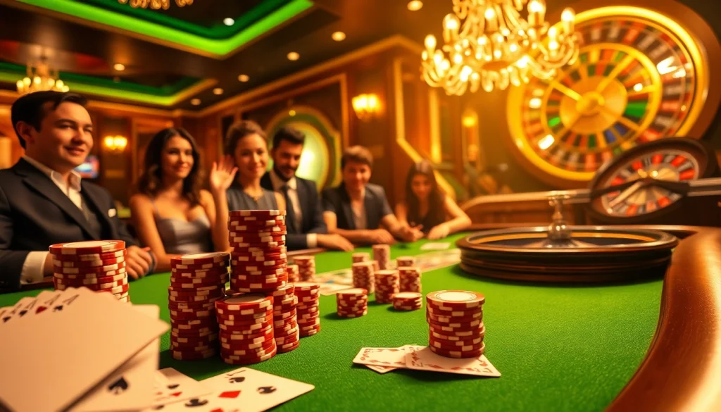 Experience the excitement of gambling at https://may88us.com/ with luxury poker tables and vibrant casino elements.