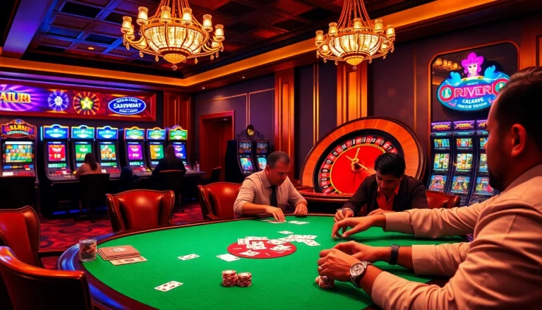 KJC players enjoying a thrilling game at an elegant casino table with vibrant poker chips.