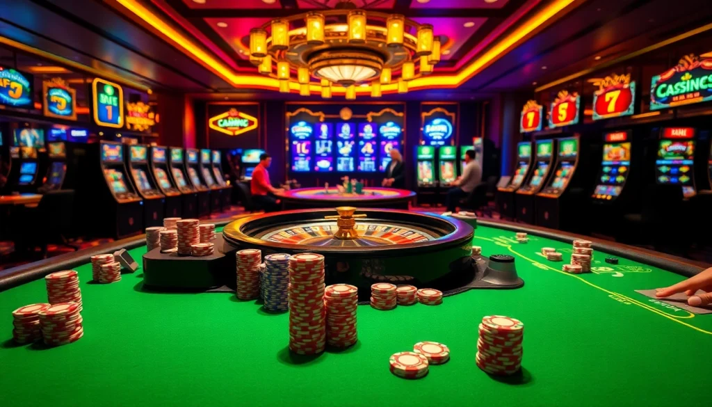 Engaged players enjoying gaming tables at the Liên minh okwin casino, showcasing excitement and luxury.