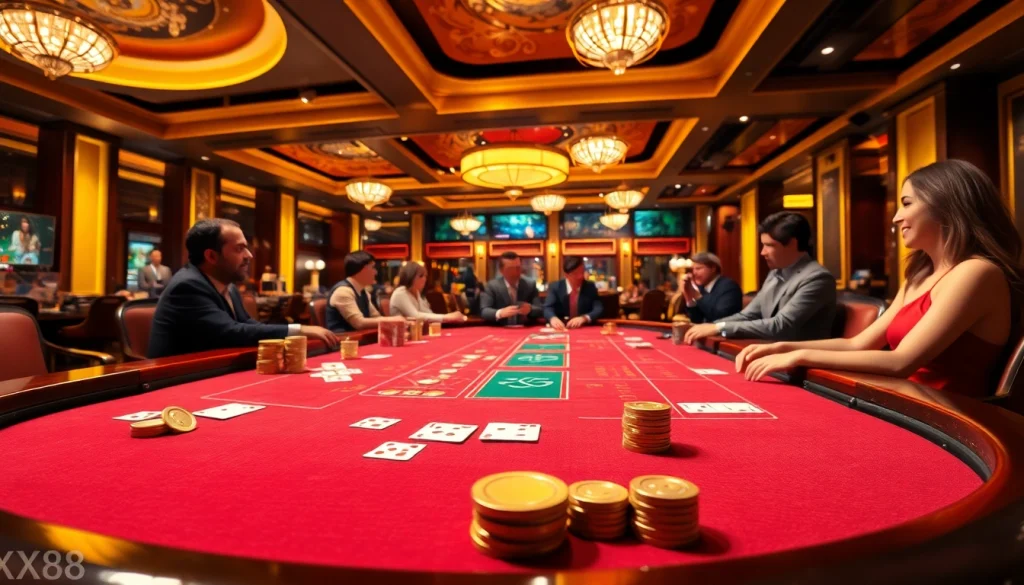 Engage with thrilling baccarat gameplay at XX 88's lavish casino tables filled with anticipation.