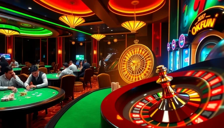 Experience the thrills of Okfun casino with players engaging in poker and roulette under vibrant lighting.