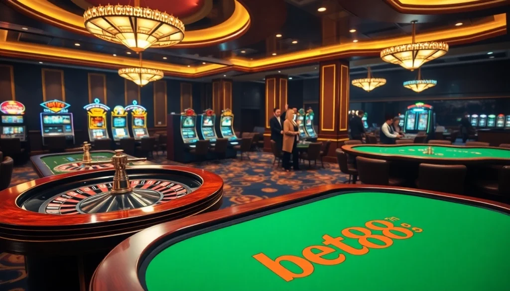 Experience thrilling wins at bet88 with an elegant casino interior, featuring roulette and poker tables.