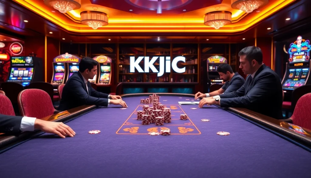 KJC enhances the thrilling gambling experience at a luxury casino with vibrant poker games and dazzling slot machines.