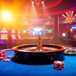 Engaging scene capturing the excitement of trang chu 98win with online gambling elements like poker chips and slots.