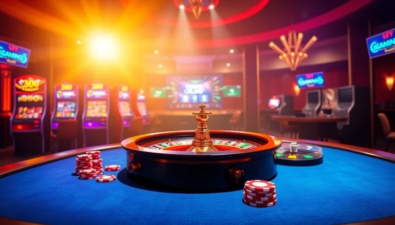 Engaging scene capturing the excitement of trang chu 98win with online gambling elements like poker chips and slots.