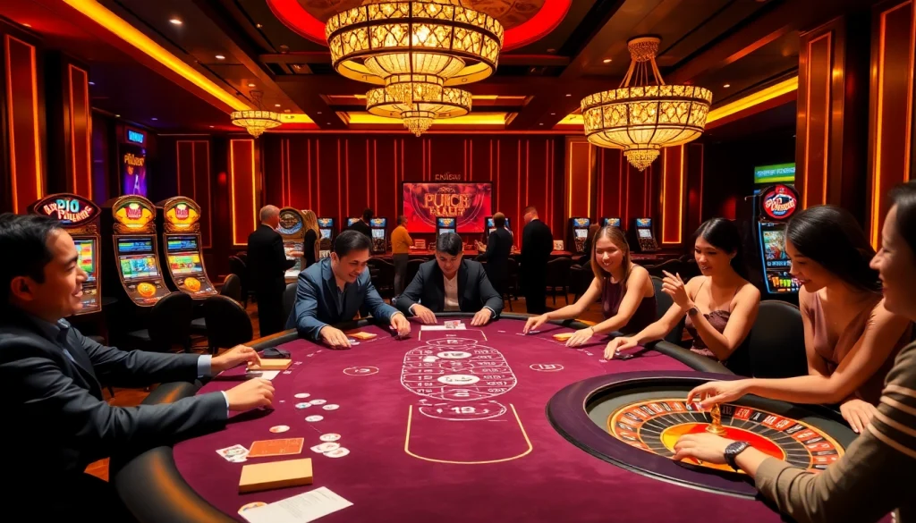 Players enjoying the thrilling atmosphere at nhà cái PU88 casino with exciting games and vibrant lights.