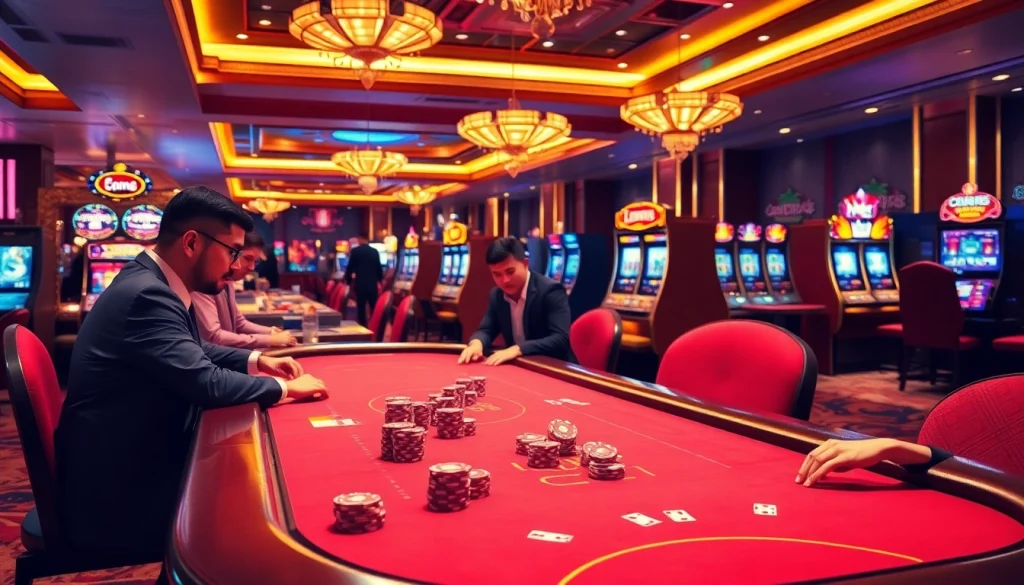 Players enjoying a vibrant QQ88 casino table with joyful excitement and luxurious ambiance.