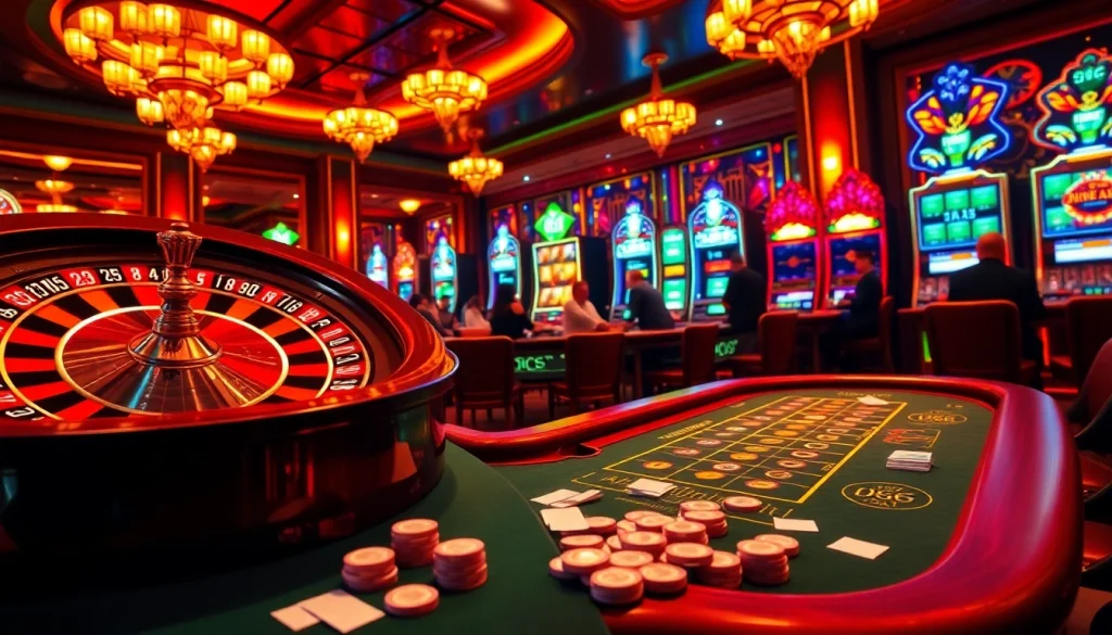 Players enjoying the excitement of a high-stakes casino at https://do666.at with poker chips and roulette wheel.