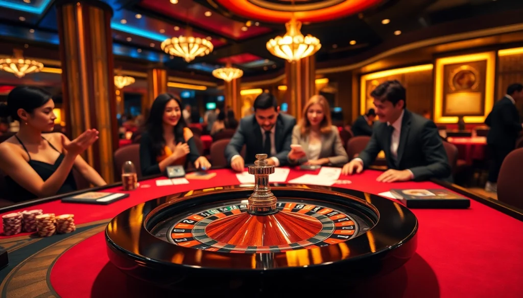 Experience the excitement of gambling at RR88 with a vibrant casino scene featuring roulette and poker chips.