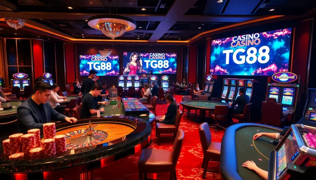Casino TG88 players enjoying vibrant gaming tables and thrilling slot machines in a luxurious setting.