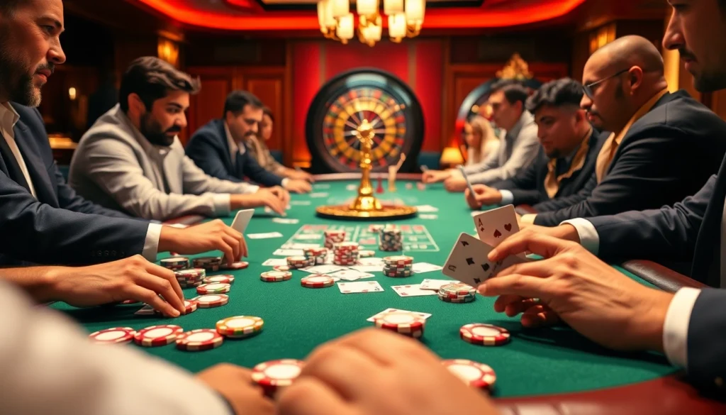 Players strategizing at a poker table while enjoying the excitement of win55 in a luxurious casino atmosphere.