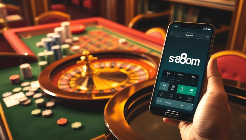 Experience thrilling action at s8.com with immersive casino elements including chips, cards, and roulette.