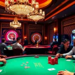 Casino excitement with poker players and vibrant 5Z7779-themed decor, featuring roulette and slot machines.