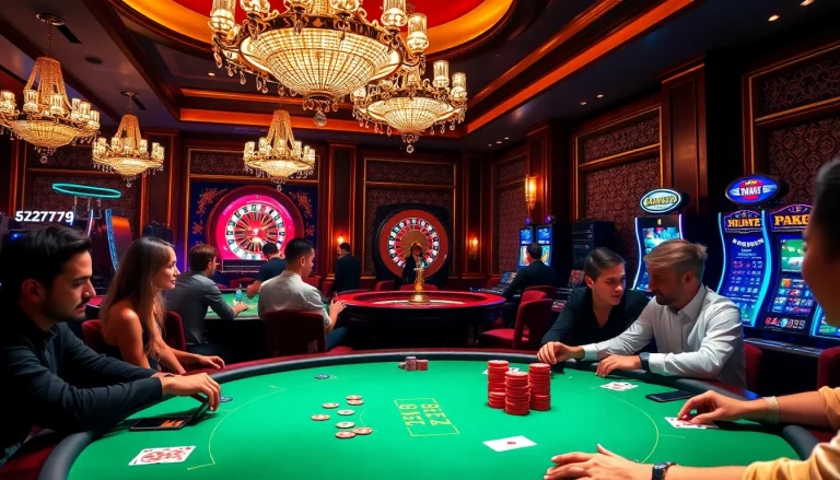 Casino excitement with poker players and vibrant 5Z7779-themed decor, featuring roulette and slot machines.