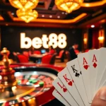 Experience the thrill of blackjack at bet88 casino, featuring vibrant chips and a spinning roulette wheel.