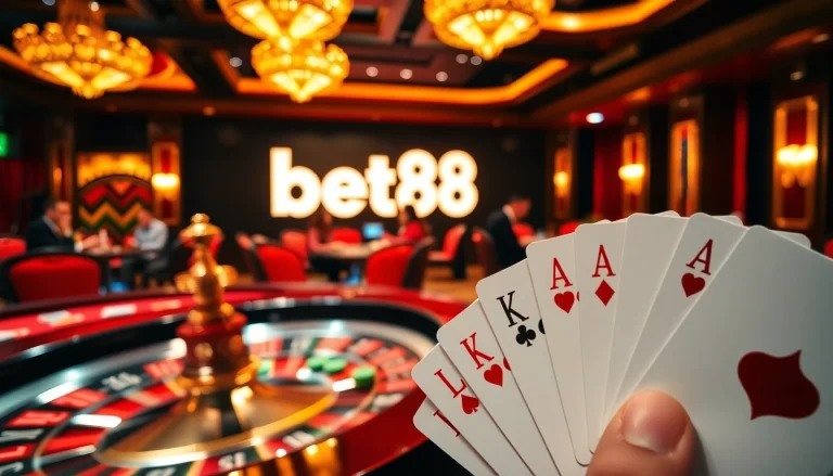 Experience the thrill of blackjack at bet88 casino, featuring vibrant chips and a spinning roulette wheel.