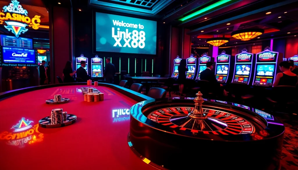 Players enjoy diverse games at Link XX88, featuring roulette, slots, and poker action in a luxurious casino.