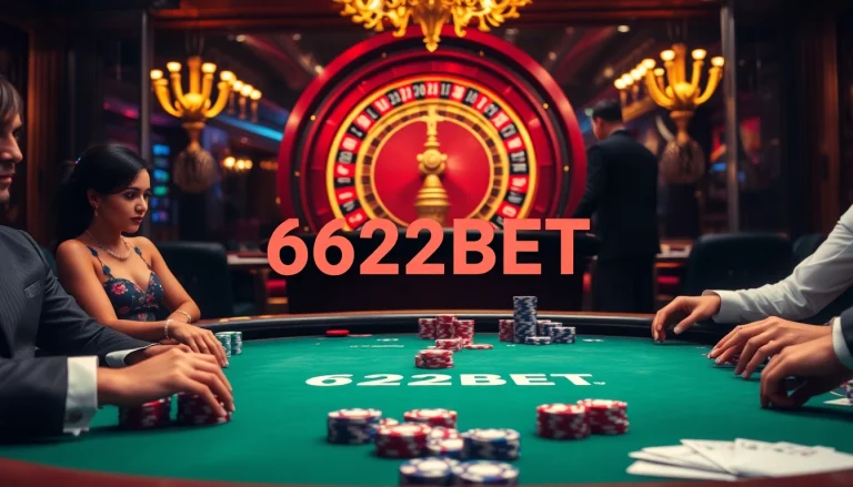 Engaging scene of gamblers at a poker table showcasing 622BET, colorful chips, and exciting gameplay.