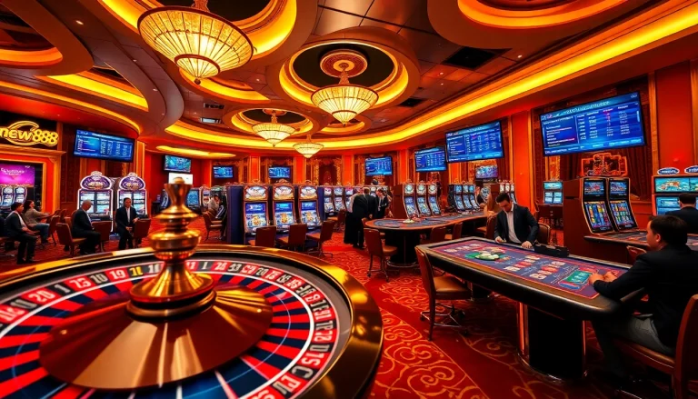 Players enjoying the new888 casino with vibrant slot machines and an exciting roulette wheel.
