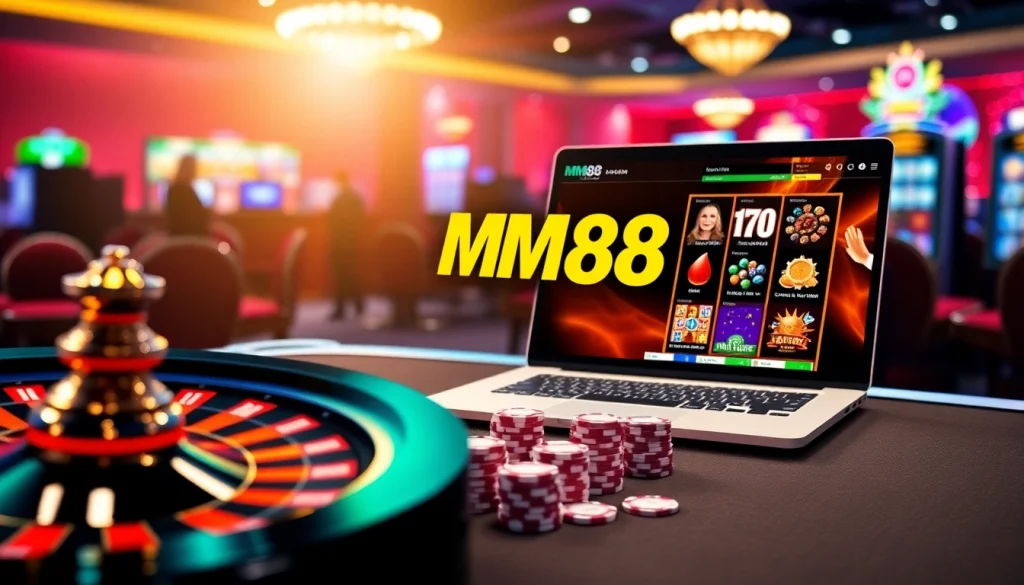 Enjoy an exhilarating gambling experience with MM88 as online poker chips tumble over a vibrant casino table.