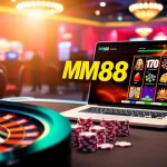 Enjoy an exhilarating gambling experience with MM88 as online poker chips tumble over a vibrant casino table.