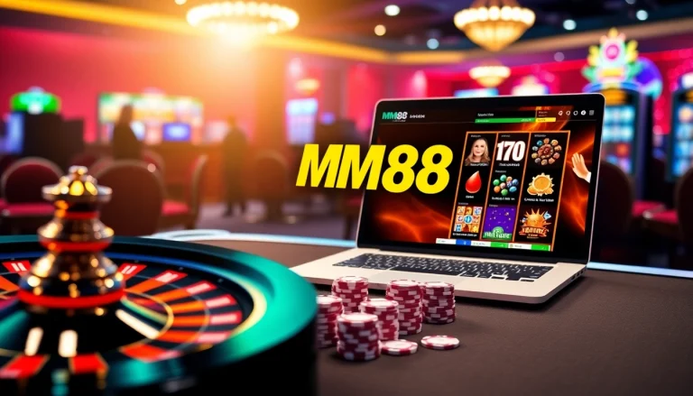 Enjoy an exhilarating gambling experience with MM88 as online poker chips tumble over a vibrant casino table.