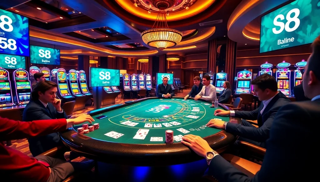S8 casino experience with players at a blackjack table and vibrant slot machines.