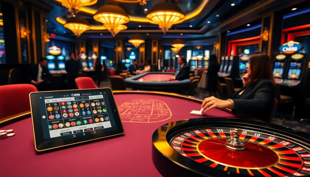 CM88 casino scene with vibrant gaming tables and thrilling atmosphere for gamblers.