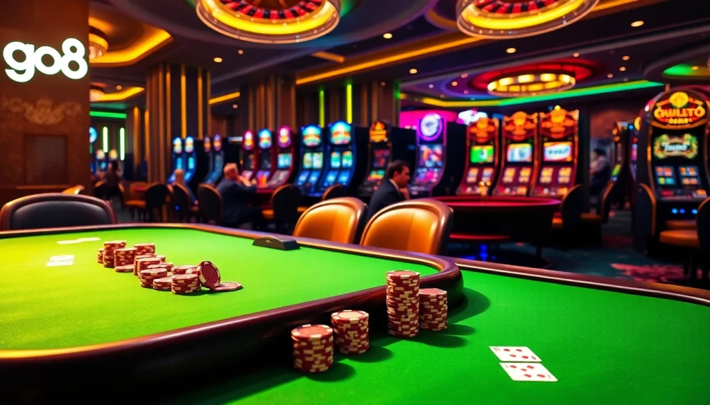Experience the excitement of a go8 casino with vibrant games, poker chips, and a spinning roulette wheel.