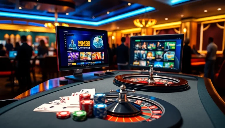 Engage in thrilling games at https://mm88.bar/ with vibrant online casino visuals of poker and roulette.
