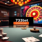 Engaging casino scene illustrating 733bet Download with poker table, roulette wheel, and vibrant betting interface.